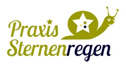 Logo: Praxis Sternenregen und goldene, lächelnde Schnecke mit Stern im Schneckenhaus